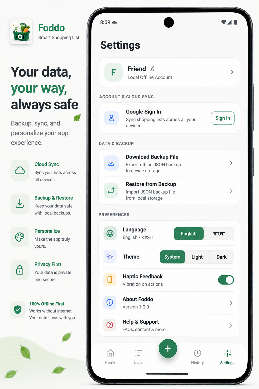Foddo App Settings - Local Backup, Theme, Language, Privacy